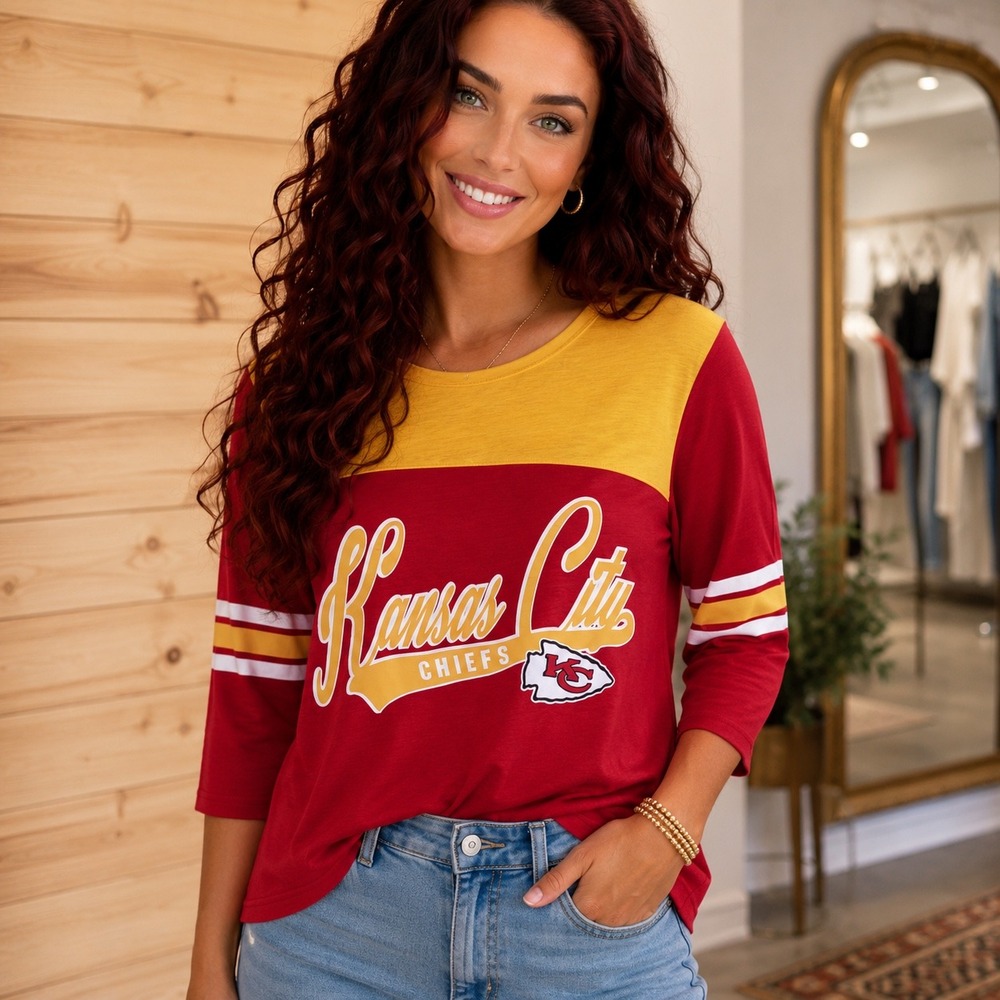 NFL Team Apparel Kansas City‎ Chiefs Womens Red Yellow 3/4 Sleeve Graphic Top S